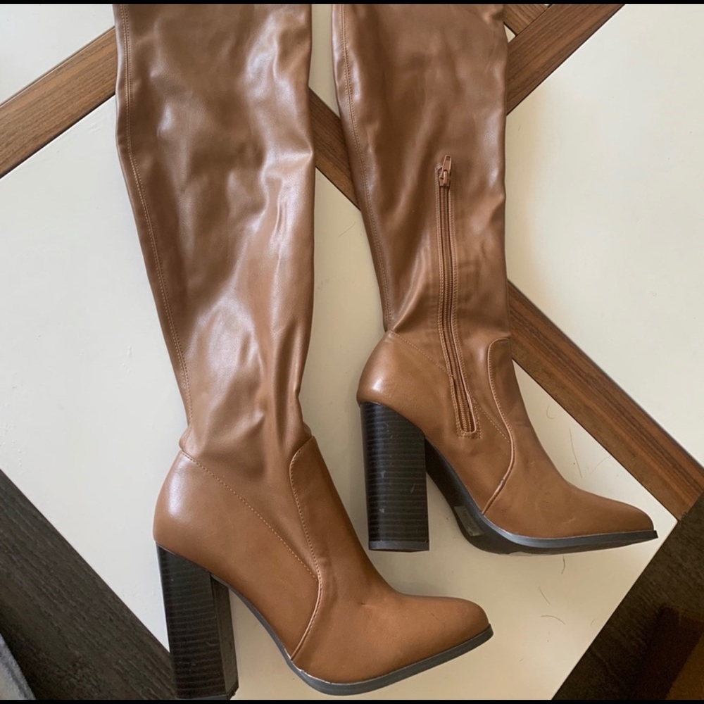 Tan thigh high over the knee boot